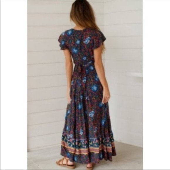 Boho Gypsy Navy Floral Print wrap midi Dress - Picture 7 of 7